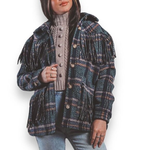 Blank NYC Jacket Women’s XL Green Plaid Shacket Fringe Button Down Pockets - Picture 1 of 16